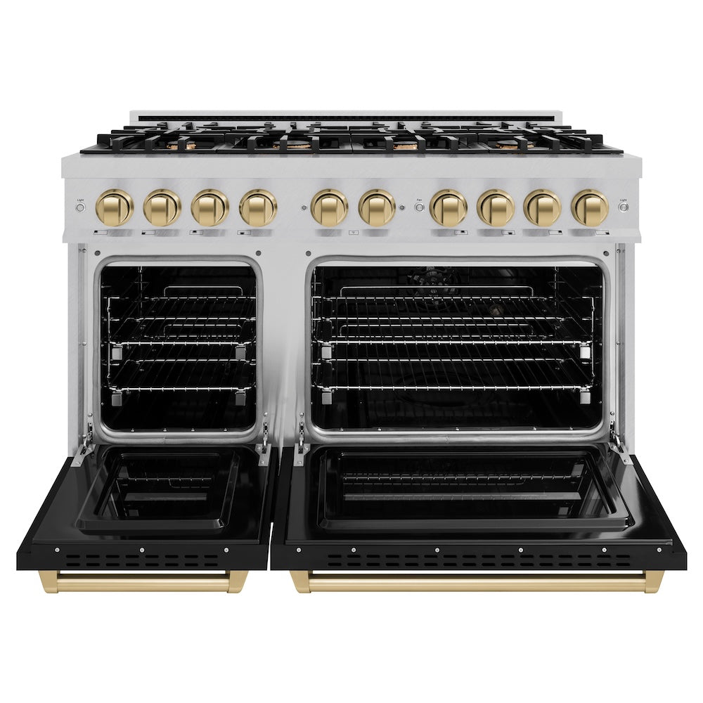 ZLINE Autograph Edition 48 in. 6.7 cu. ft. Classic Double Oven Dual Fuel Range with 8 Burner Gas Cooktop in Satin Stainless Steel with Black Matte Doors and Champagne Bronze Accents, Open Box-Good Condition