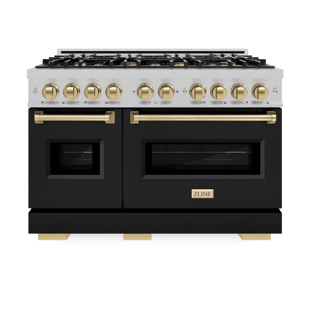 ZLINE Autograph Edition 48 in. 6.7 cu. ft. Classic Double Oven Dual Fuel Range with 8 Burner Gas Cooktop in Satin Stainless Steel with Black Matte Doors and Champagne Bronze Accents (CDRSZ-BLM-48-CB) front.