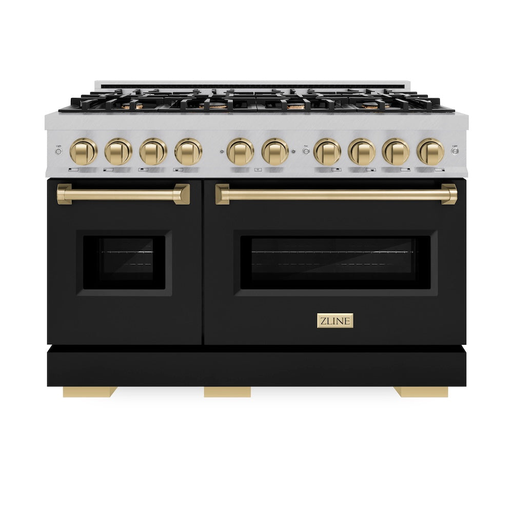 ZLINE Autograph Edition 48 in. 6.7 cu. ft. Classic Double Oven Dual Fuel Range with 8 Burner Gas Cooktop in Satin Stainless Steel with Black Matte Doors and Champagne Bronze Accents, Open Box-Good Condition