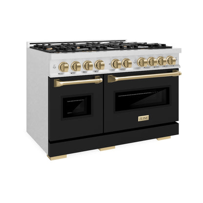 ZLINE Autograph Edition 48 in. 6.7 cu. ft. Classic Double Oven Dual Fuel Range with 8 Burner Gas Cooktop in Satin Stainless Steel with Black Matte Doors and Champagne Bronze Accents, Open Box-Good Condition