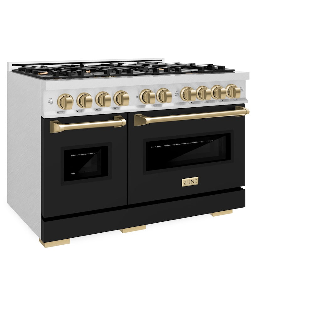 ZLINE Autograph Edition 48 in. 6.7 cu. ft. Classic Double Oven Dual Fuel Range with 8 Burner Gas Cooktop in Satin Stainless Steel with Black Matte Doors and Champagne Bronze Accents, Open Box-Good Condition