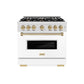 ZLINE Autograph Edition 36 in. 5.2 cu. ft. Classic Dual Fuel Range with 6 Burner Gas Cooktop and Electric Convection Oven in Satin Stainless Steel with White Matte Door and Champagne Bronze Accents (CDRSZ-WM-36-CB) front.