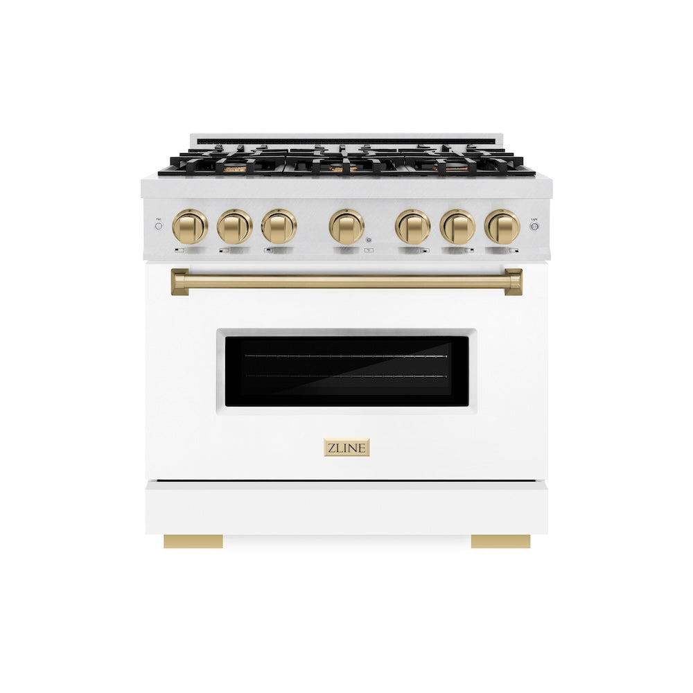 ZLINE Autograph Edition 36 in. 5.2 cu. ft. Classic Dual Fuel Range with 6 Burner Gas Cooktop and Electric Convection Oven in Satin Stainless Steel with White Matte Door and Champagne Bronze Accents (CDRSZ-WM-36-CB) front.