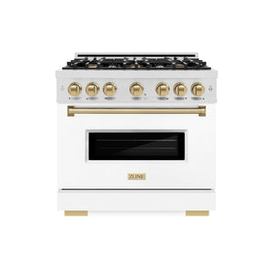 ZLINE Autograph Edition 36 in. 5.2 cu. ft. Classic Dual Fuel Range with 6 Burner Gas Cooktop and Electric Convection Oven in Satin Stainless Steel with White Matte Door and Champagne Bronze Accents (CDRSZ-WM-36-CB) front.