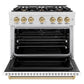 ZLINE Autograph Edition 36 in. 5.2 cu. ft. Classic Dual Fuel Range with 6 Burner Gas Cooktop and Electric Convection Oven in Satin Stainless Steel with White Matte Door and Champagne Bronze Accents (CDRSZ-WM-36-CB) front, oven open.
