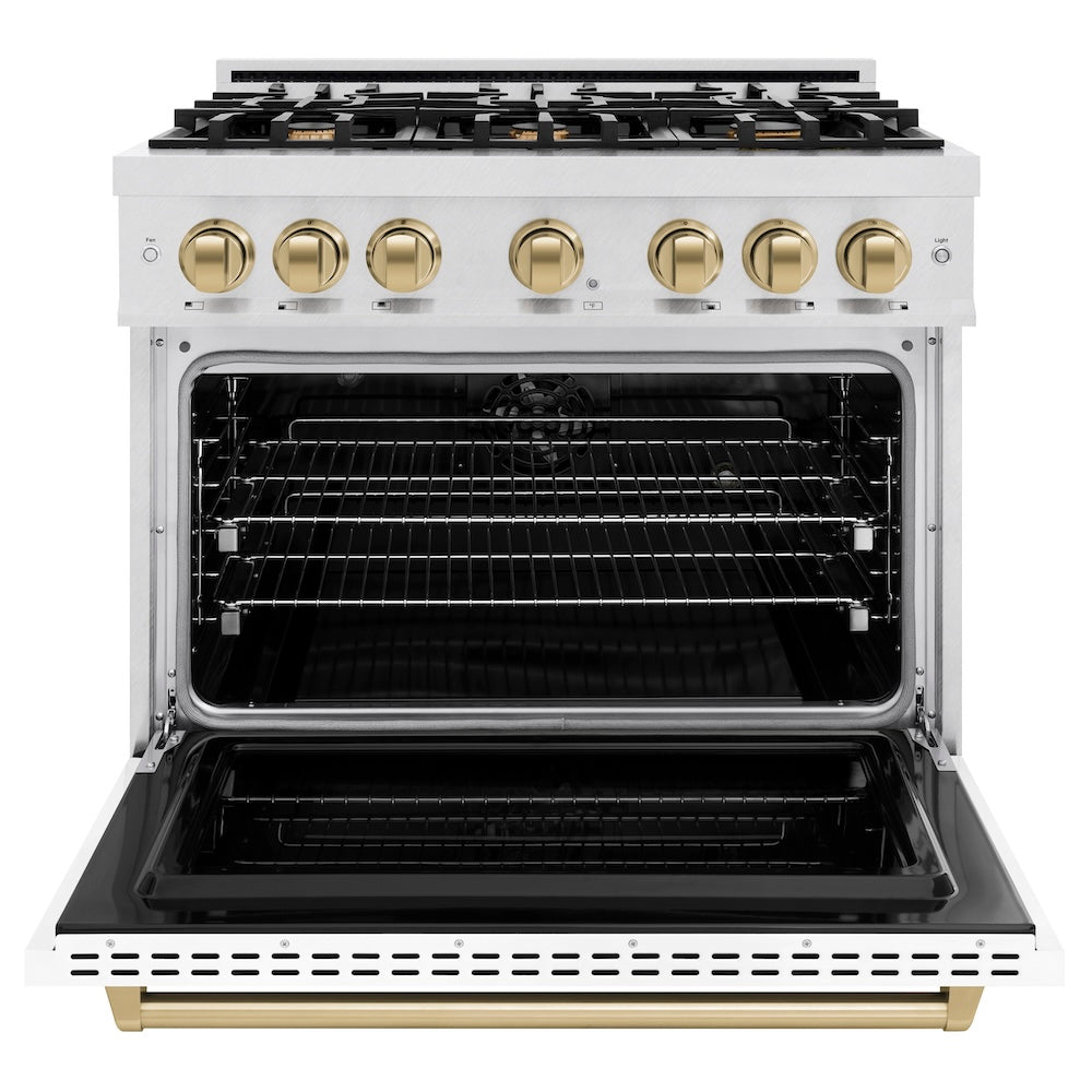 ZLINE Autograph Edition 36 in. 5.2 cu. ft. Classic Dual Fuel Range with 6 Burner Gas Cooktop and Electric Convection Oven in Satin Stainless Steel with White Matte Door and Champagne Bronze Accents (CDRSZ-WM-36-CB) front, oven open.