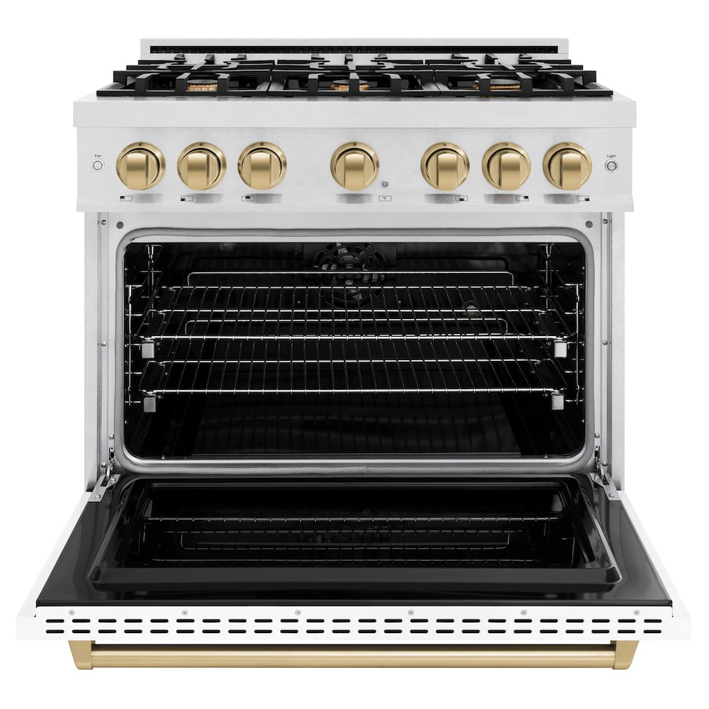 ZLINE Autograph Edition 36 in. 5.2 cu. ft. Classic Dual Fuel Range with 6 Burner Gas Cooktop and Electric Convection Oven in Satin Stainless Steel with White Matte Door and Champagne Bronze Accents, Open Box-Good Condition