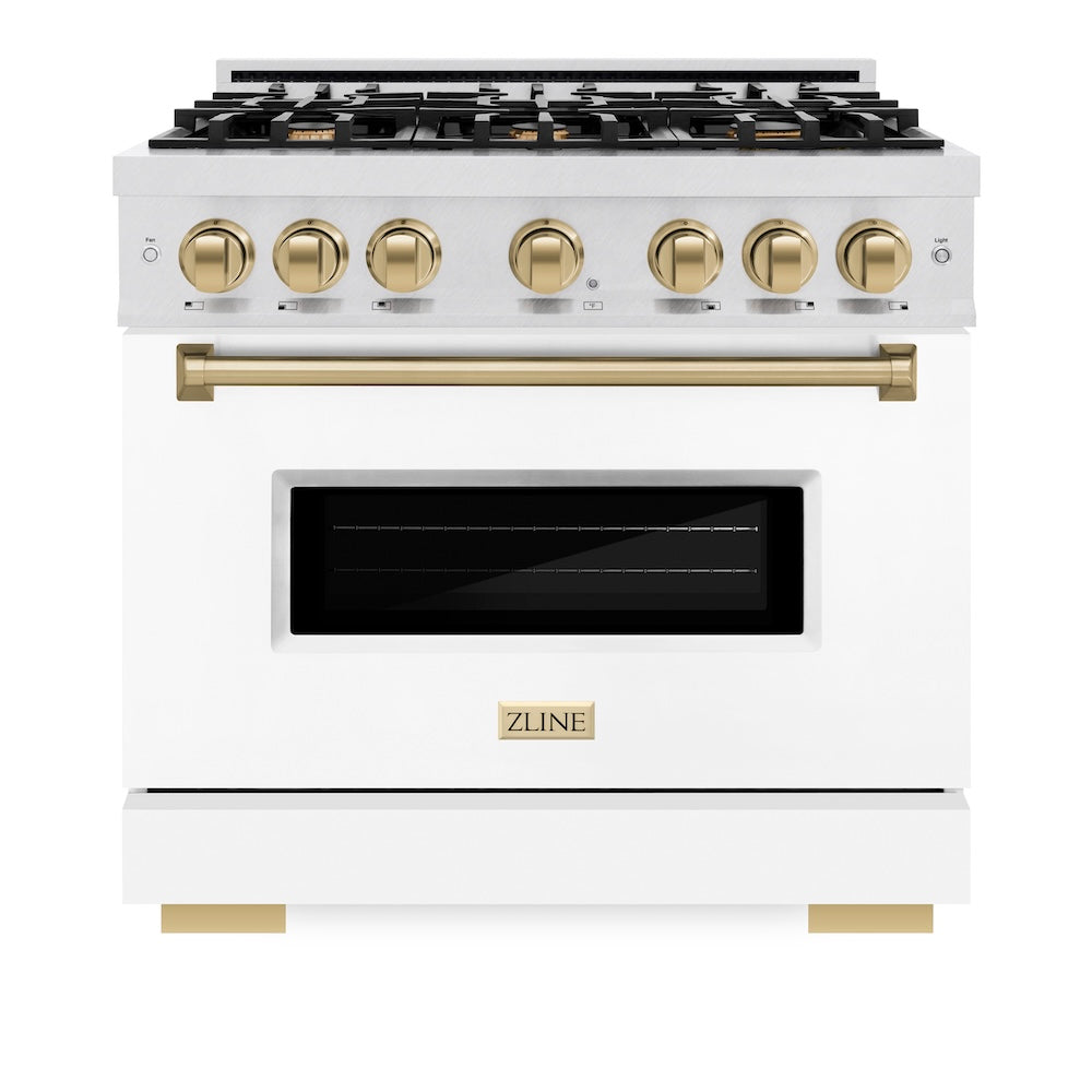 ZLINE Autograph Edition 36 in. 5.2 cu. ft. Classic Dual Fuel Range with 6 Burner Gas Cooktop and Electric Convection Oven in Satin Stainless Steel with White Matte Door and Champagne Bronze Accents, Open Box-Good Condition