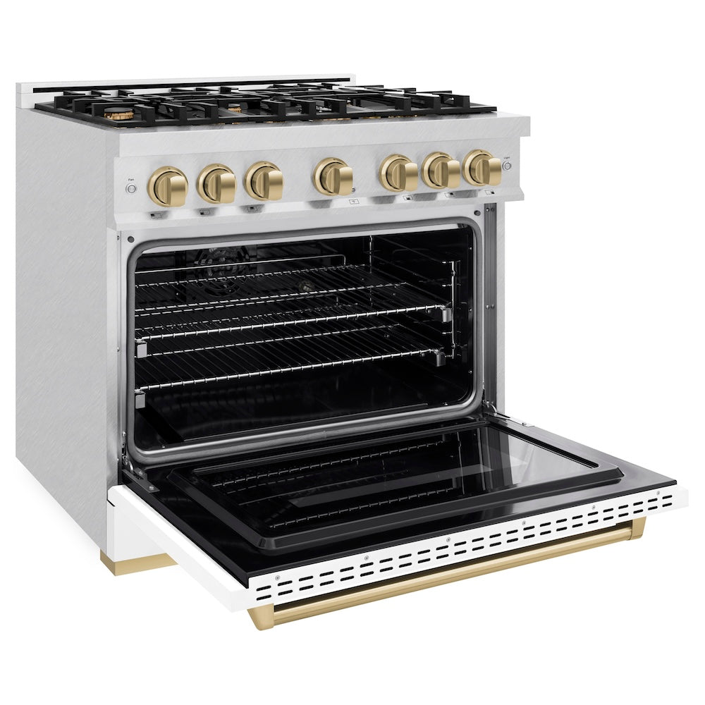 ZLINE Autograph Edition 36 in. 5.2 cu. ft. Classic Dual Fuel Range with 6 Burner Gas Cooktop and Electric Convection Oven in Satin Stainless Steel with White Matte Door and Champagne Bronze Accents (CDRSZ-WM-36-CB) side, open.