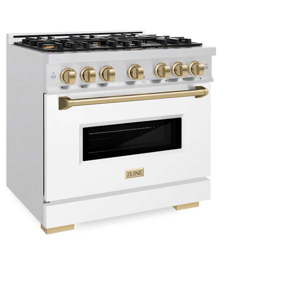 ZLINE Autograph Edition 36 in. 5.2 cu. ft. Classic Dual Fuel Range with 6 Burner Gas Cooktop and Electric Convection Oven in Satin Stainless Steel with White Matte Door and Champagne Bronze Accents, Open Box-Good Condition