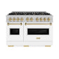ZLINE Autograph Edition 48 in. 6.7 cu. ft. Classic Double Oven Dual Fuel Range with 8 Burner Gas Cooktop in Satin Stainless Steel with White Matte Doors and Champagne Bronze Accents (CDRSZ-WM-48-CB) front.