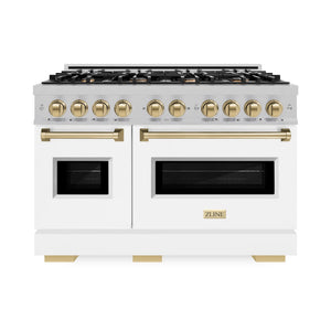 ZLINE Autograph Edition 48 in. 6.7 cu. ft. Classic Double Oven Dual Fuel Range with 8 Burner Gas Cooktop in Satin Stainless Steel with White Matte Doors and Champagne Bronze Accents (CDRSZ-WM-48-CB) front.
