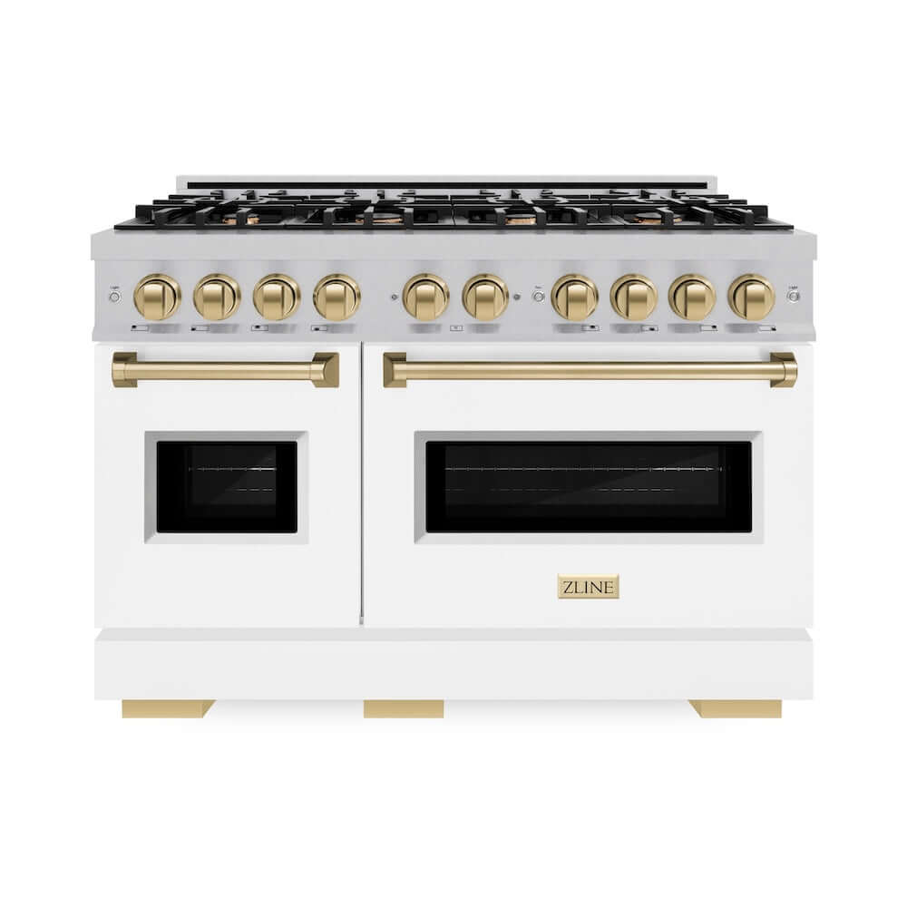 ZLINE Autograph Edition 48 in. 6.7 cu. ft. Classic Double Oven Dual Fuel Range with 8 Burner Gas Cooktop in Satin Stainless Steel with White Matte Doors and Champagne Bronze Accents, Open Box-Good Condition