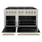 ZLINE Autograph Edition 48 in. 6.7 cu. ft. Classic Double Oven Dual Fuel Range with 8 Burner Gas Cooktop in Satin Stainless Steel with White Matte Doors and Champagne Bronze Accents (CDRSZ-WM-48-CB) front, oven open.
