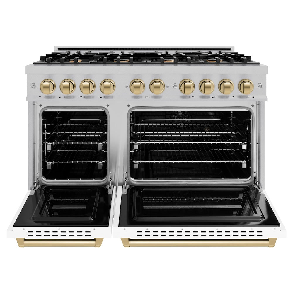 ZLINE Autograph Edition 48 in. 6.7 cu. ft. Classic Double Oven Dual Fuel Range with 8 Burner Gas Cooktop in Satin Stainless Steel with White Matte Doors and Champagne Bronze Accents (CDRSZ-WM-48-CB) front, oven open.