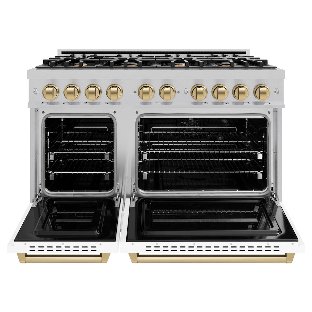 ZLINE Autograph Edition 48 in. 6.7 cu. ft. Classic Double Oven Dual Fuel Range with 8 Burner Gas Cooktop in Satin Stainless Steel with White Matte Doors and Champagne Bronze Accents, Open Box-Good Condition