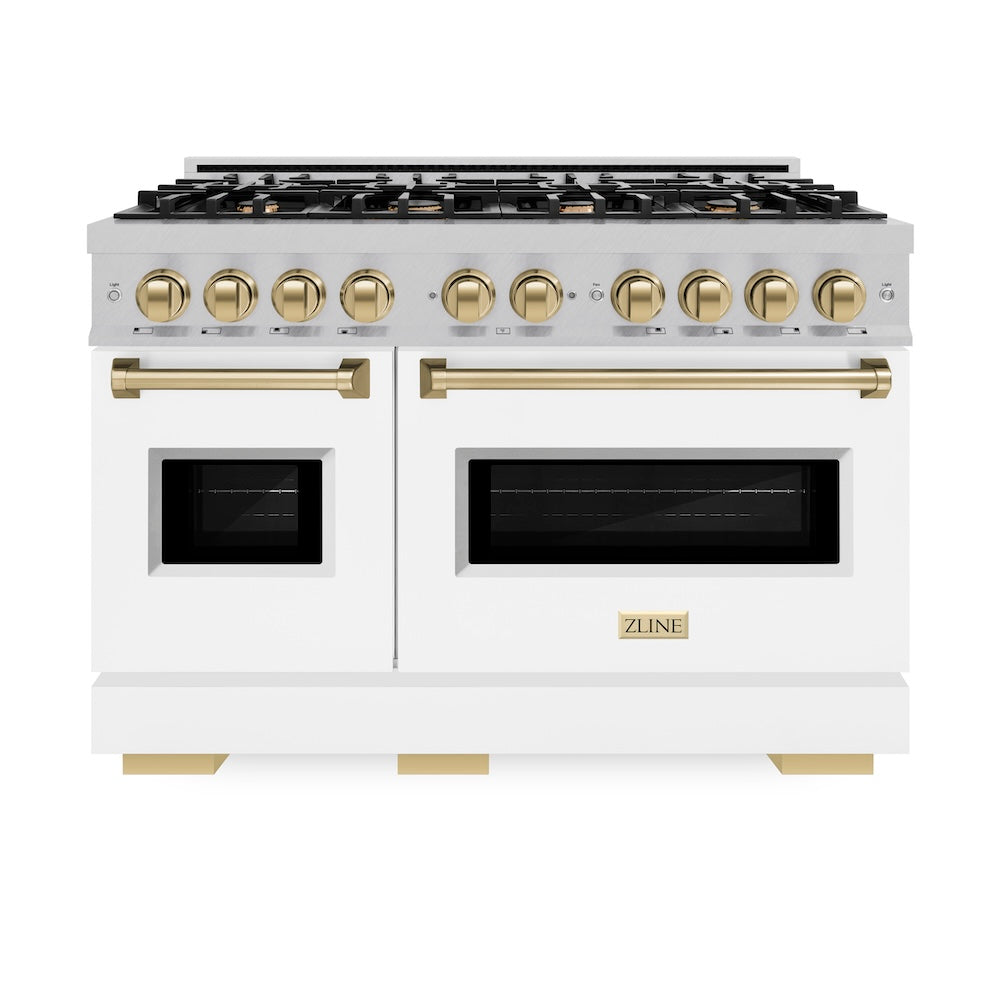 ZLINE Autograph Edition 48 in. 6.7 cu. ft. Classic Double Oven Dual Fuel Range with 8 Burner Gas Cooktop in Satin Stainless Steel with White Matte Doors and Champagne Bronze Accents (CDRSZ-WM-48-CB) front.