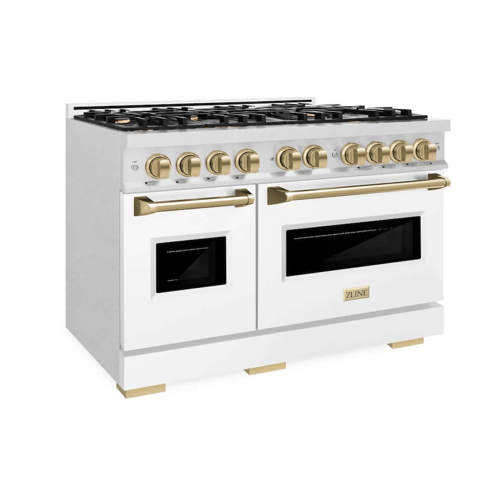 ZLINE Autograph Edition 48 in. 6.7 cu. ft. Classic Double Oven Dual Fuel Range with 8 Burner Gas Cooktop in Satin Stainless Steel with White Matte Doors and Champagne Bronze Accents, Open Box-Good Condition