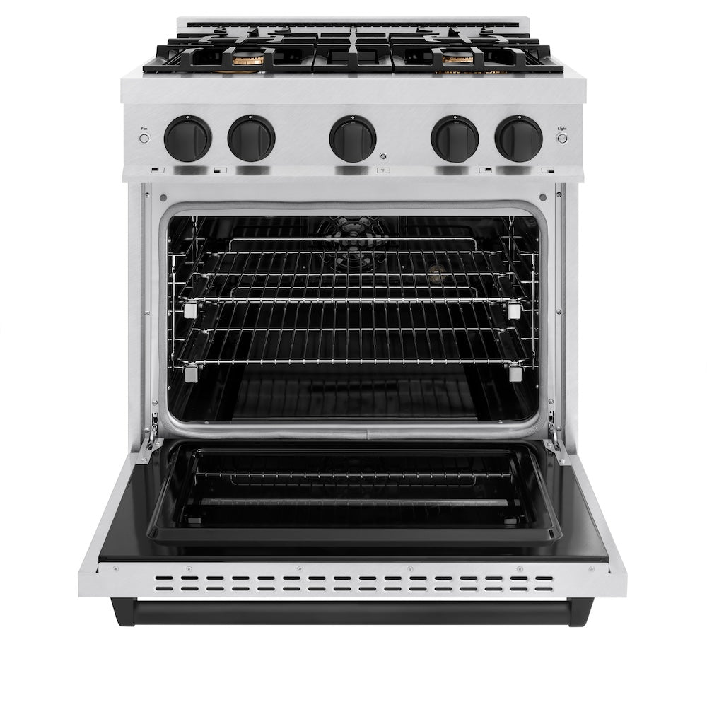 ZLINE Autograph Edition 30 in. 4.2 cu. ft. Classic Dual Fuel Range with 4 Burner Gas Cooktop and Electric Convection Oven in Satin Stainless Steel with Matte Black Accents (CDRSZ-30-MB) front, oven open.