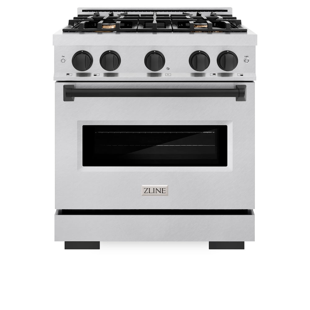 ZLINE Autograph Edition 30 in. 4.2 cu. ft. Classic Dual Fuel Range with 4 Burner Gas Cooktop and Electric Convection Oven in Satin Stainless Steel with Matte Black Accents (CDRSZ-30-MB) front.