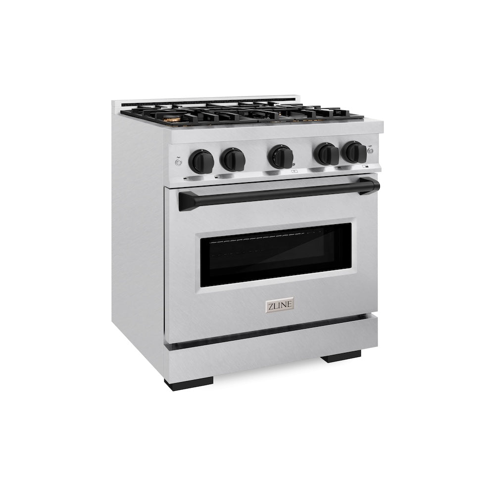 ZLINE Autograph Edition 30 in. 4.2 cu. ft. Classic Dual Fuel Range with 4 Burner Gas Cooktop and Electric Convection Oven in Satin Stainless Steel with Matte Black Accents (CDRSZ-30-MB) main image.