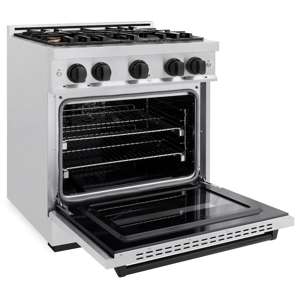 ZLINE Autograph Edition 30 in. 4.2 cu. ft. Classic Dual Fuel Range with 4 Burner Gas Cooktop and Electric Convection Oven in Satin Stainless Steel with Matte Black Accents (CDRSZ-30-MB) side, open.