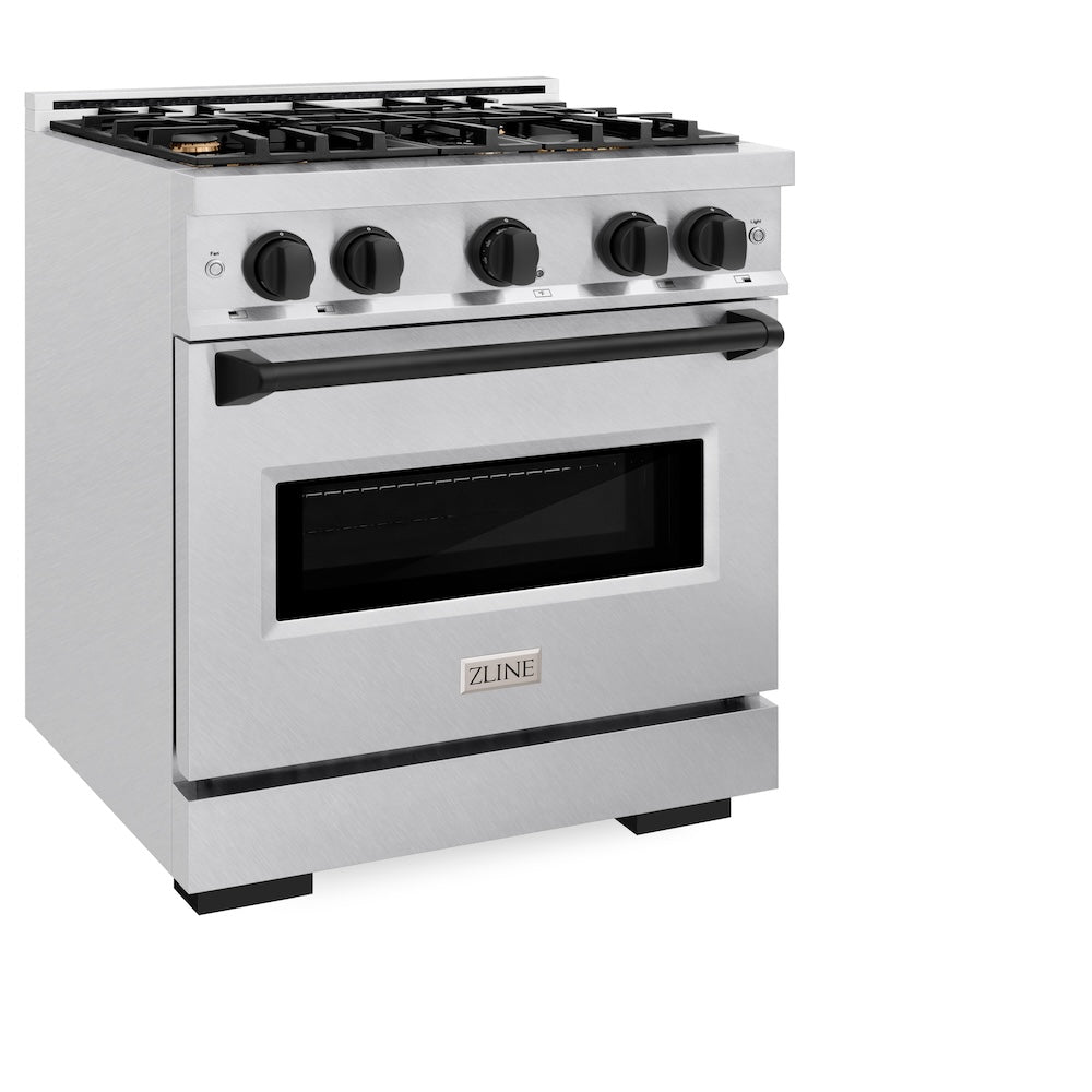ZLINE Autograph Edition 30 in. 4.2 cu. ft. Classic Dual Fuel Range with 4 Burner Gas Cooktop and Electric Convection Oven in Satin Stainless Steel with Matte Black Accents (CDRSZ-30-MB) side.