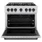 ZLINE Autograph Edition 36 in. 5.2 cu. ft. Classic Dual Fuel Range with 6 Burner Gas Cooktop and Electric Convection Oven in Satin Stainless Steel with Matte Black Accents (CDRSZ-36-MB) front, oven open.
