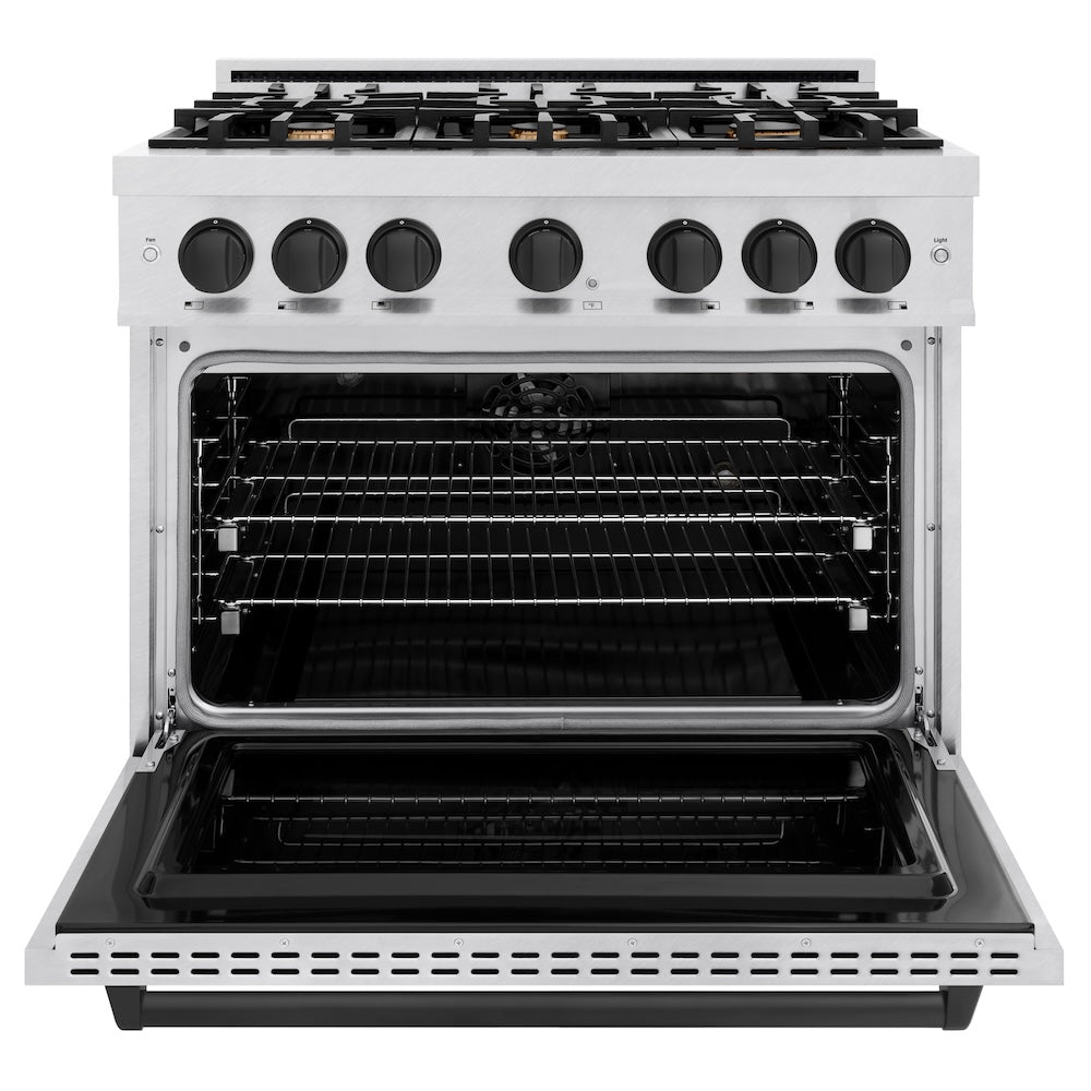 ZLINE Autograph Edition 36 in. 5.2 cu. ft. Classic Dual Fuel Range with 6 Burner Gas Cooktop and Electric Convection Oven in Satin Stainless Steel with Matte Black Accents (CDRSZ-36-MB) front, oven open.