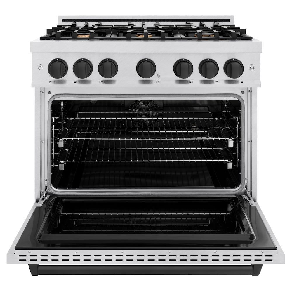 ZLINE Autograph Edition 36 in. 5.2 cu. ft. Classic Dual Fuel Range with 6 Burner Gas Cooktop and Electric Convection Oven in Satin Stainless Steel with Matte Black Accents, Open Box-Good Condition