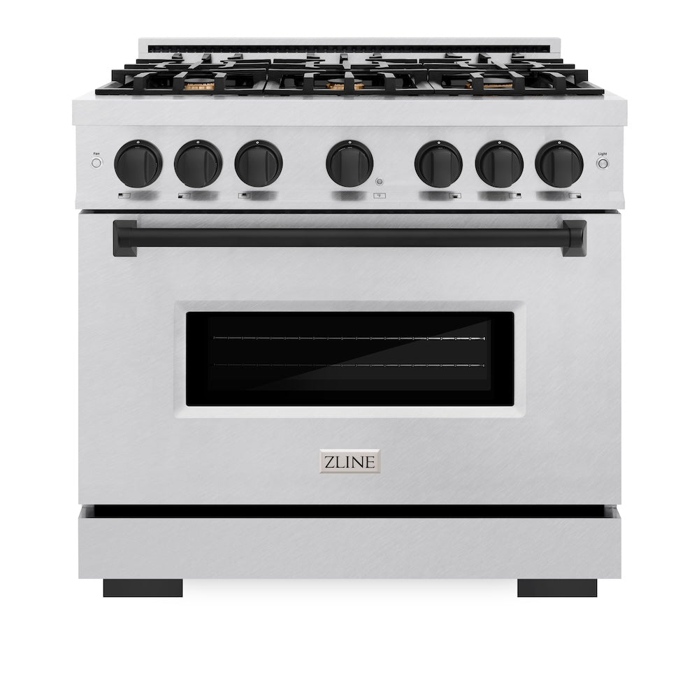 ZLINE Autograph Edition 36 in. 5.2 cu. ft. Classic Dual Fuel Range with 6 Burner Gas Cooktop and Electric Convection Oven in Satin Stainless Steel with Matte Black Accents (CDRSZ-36-MB) front.