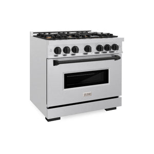 ZLINE Autograph Edition 36 in. 5.2 cu. ft. Classic Dual Fuel Range with 6 Burner Gas Cooktop and Electric Convection Oven in Satin Stainless Steel with Matte Black Accents (CDRSZ-36-MB) main image.