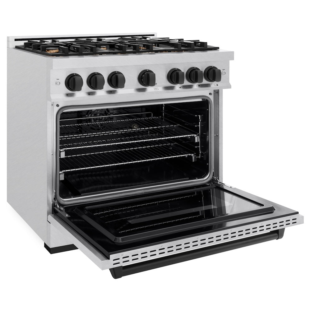 ZLINE Autograph Edition 36 in. 5.2 cu. ft. Classic Dual Fuel Range with 6 Burner Gas Cooktop and Electric Convection Oven in Satin Stainless Steel with Matte Black Accents (CDRSZ-36-MB) side, open.