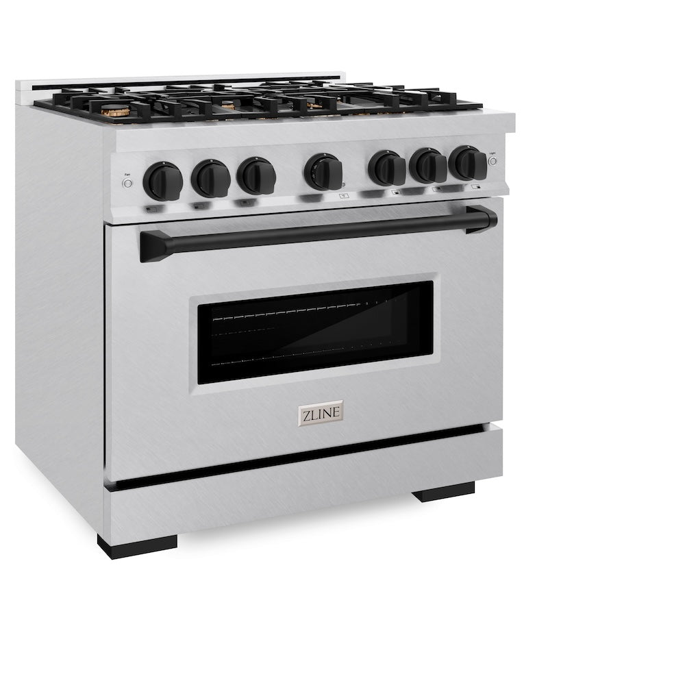 ZLINE Autograph Edition 36 in. 5.2 cu. ft. Classic Dual Fuel Range with 6 Burner Gas Cooktop and Electric Convection Oven in Satin Stainless Steel with Matte Black Accents (CDRSZ-36-MB) side.