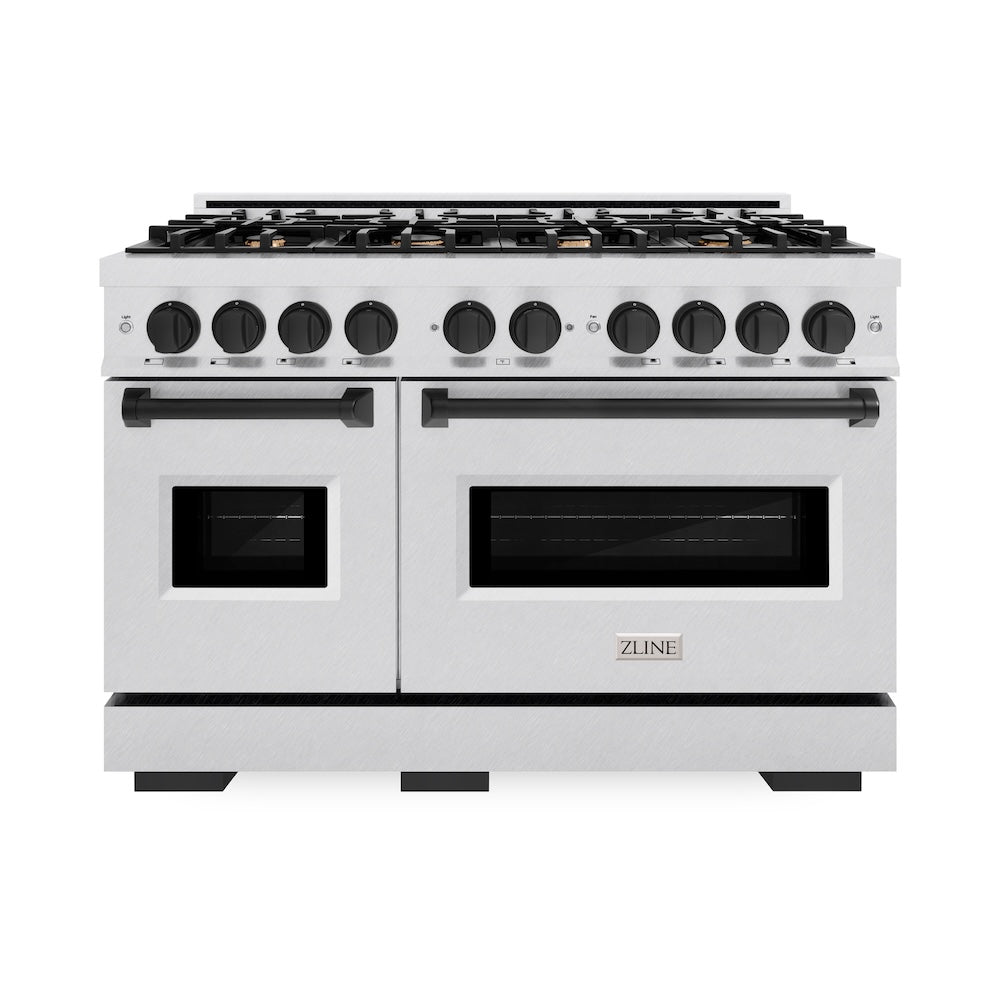 ZLINE Autograph Edition 48 in. 6.7 cu. ft. Classic Double Oven Dual Fuel Range with 8 Burner Gas Cooktop in Satin Stainless Steel and Matte Black Accents, Open Box-Good Condition