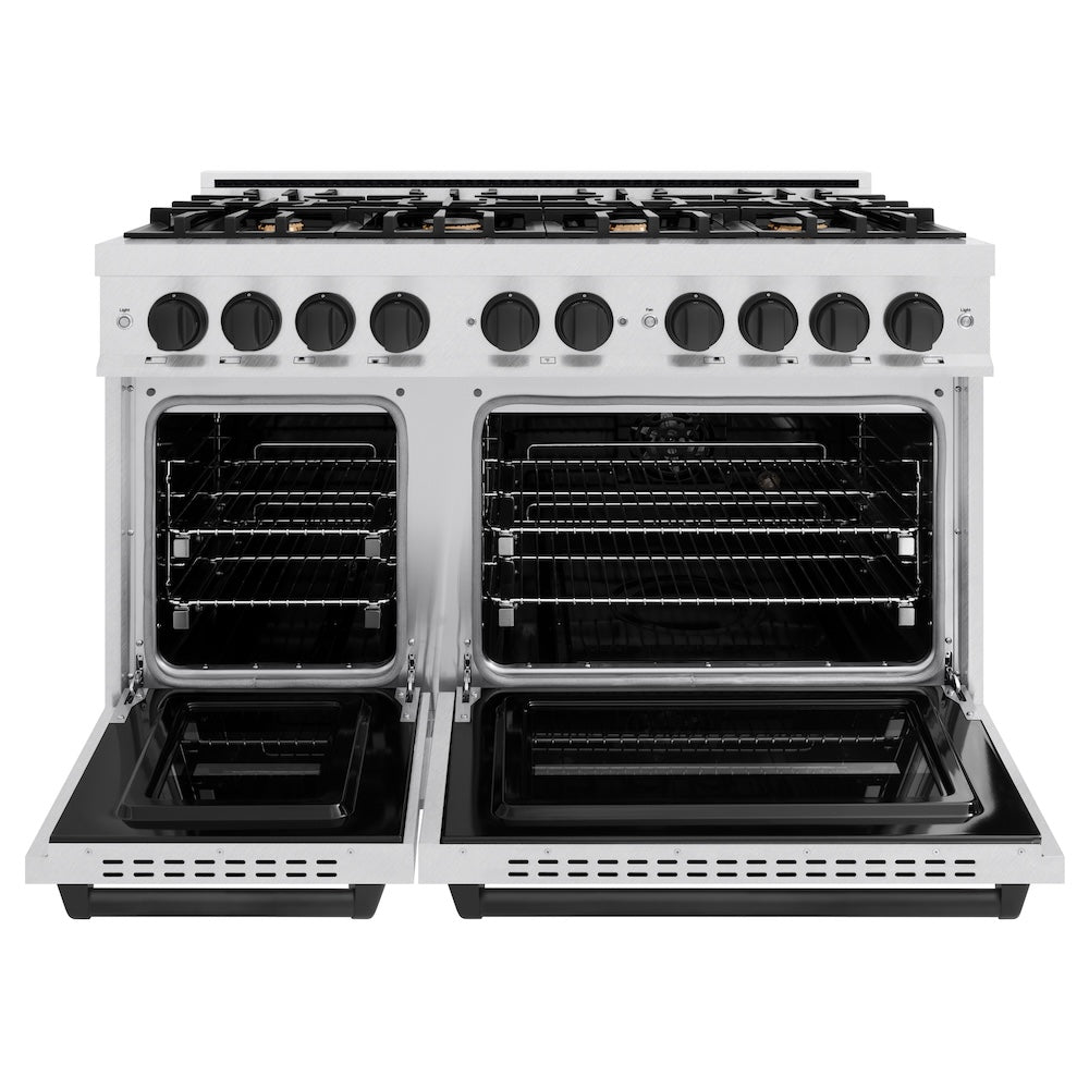 ZLINE Autograph Edition 48 in. 6.7 cu. ft. Classic Double Oven Dual Fuel Range with 8 Burner Gas Cooktop in Satin Stainless Steel and Matte Black Accents, Open Box-Good Condition