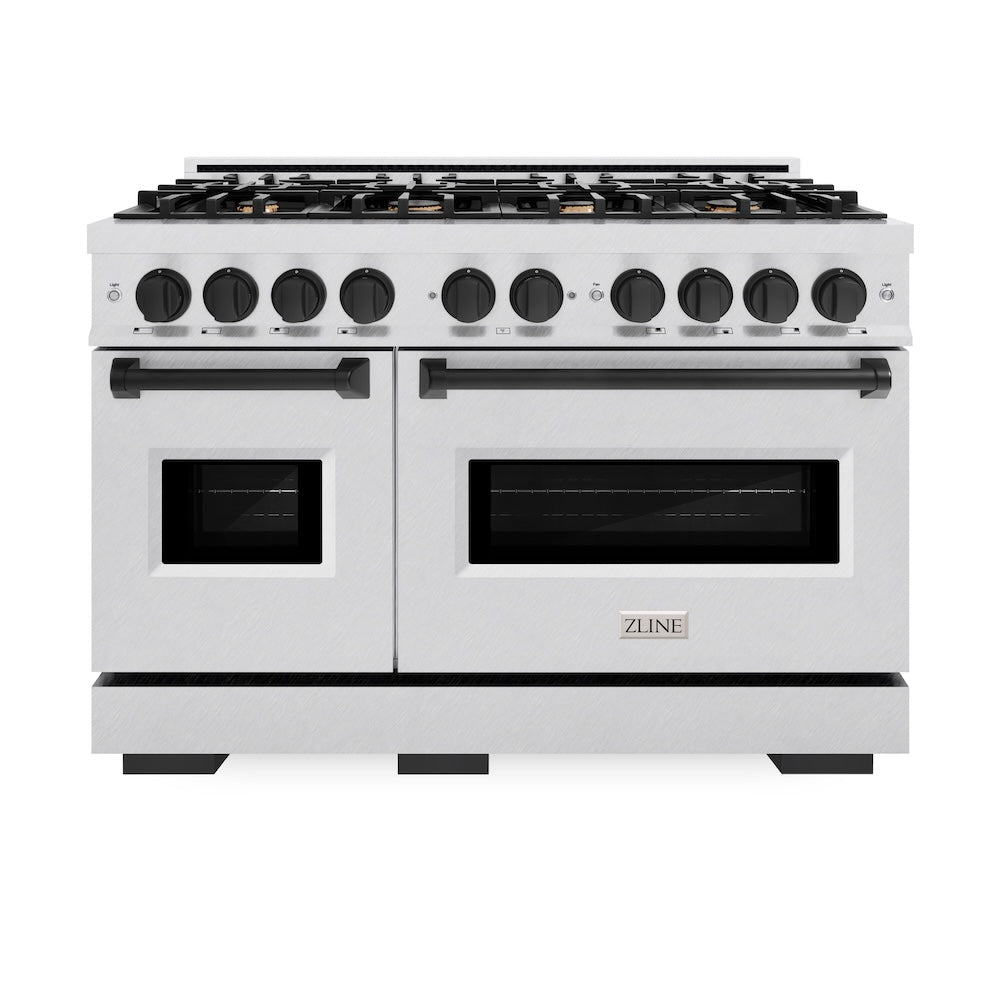 ZLINE Autograph Edition 48 in. 6.7 cu. ft. Classic Double Oven Dual Fuel Range with 8 Burner Gas Cooktop in Satin Stainless Steel and Matte Black Accents, Open Box-Great Condition