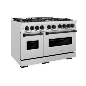 ZLINE Autograph Edition 48 in. 6.7 cu. ft. Classic Double Oven Dual Fuel Range with 8 Burner Gas Cooktop in Satin Stainless Steel and Matte Black Accents (CDRSZ-48-MB) main image.