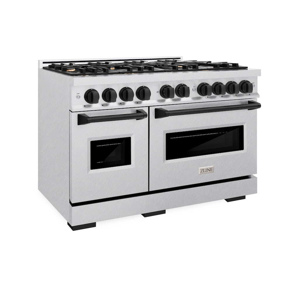 ZLINE Autograph Edition 48 in. 6.7 cu. ft. Classic Double Oven Dual Fuel Range with 8 Burner Gas Cooktop in Satin Stainless Steel and Matte Black Accents, Open Box-Good Condition