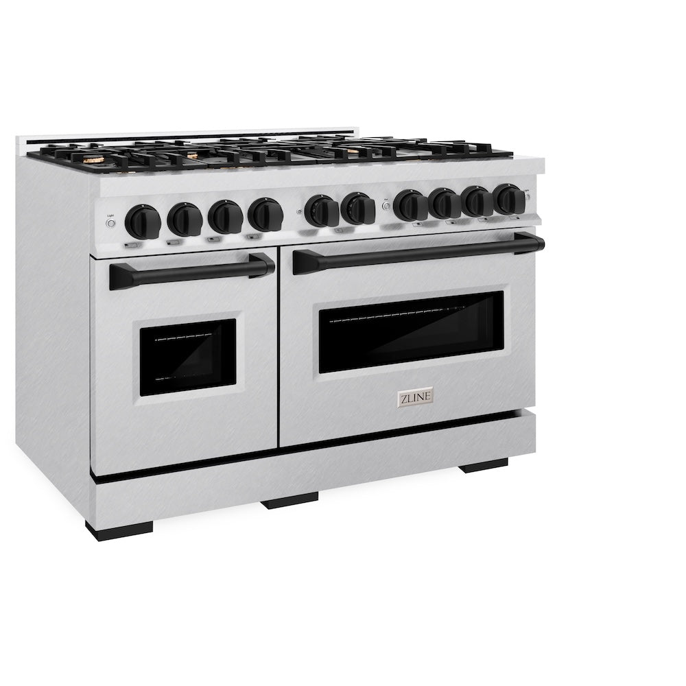 ZLINE Autograph Edition 48 in. 6.7 cu. ft. Classic Double Oven Dual Fuel Range with 8 Burner Gas Cooktop in Satin Stainless Steel and Matte Black Accents, Open Box-Good Condition