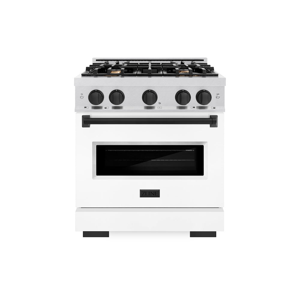 ZLINE Autograph Edition 30 in. 4.2 cu. ft. Classic Dual Fuel Range with 4 Burner Gas Cooktop and Electric Convection Oven in Satin Stainless Steel with White Matte Door and Matte Black Accents (CDRSZ-WM-30-MB) front.