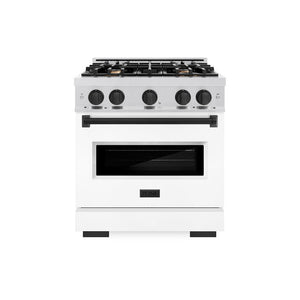 ZLINE Autograph Edition 30 in. 4.2 cu. ft. Classic Dual Fuel Range with 4 Burner Gas Cooktop and Electric Convection Oven in Satin Stainless Steel with White Matte Door and Matte Black Accents (CDRSZ-WM-30-MB) front.