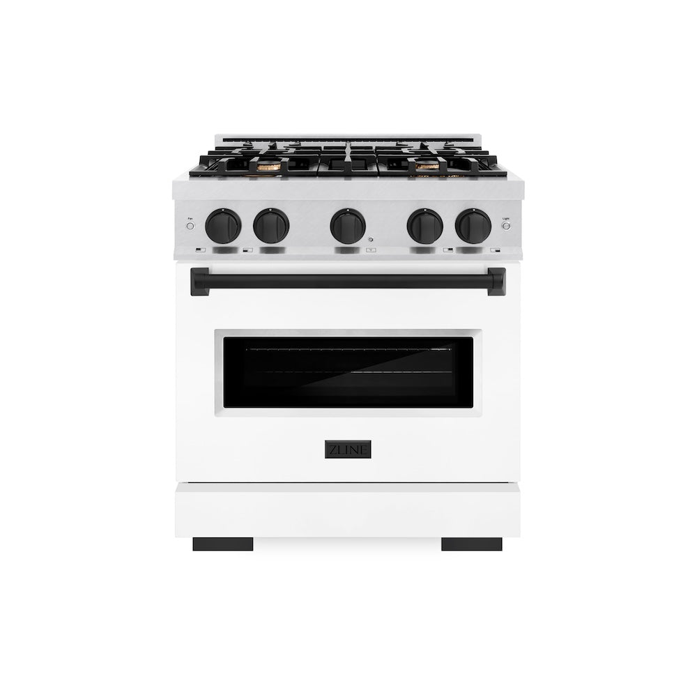 ZLINE Autograph Edition 30 in. 4.2 cu. ft. Classic Dual Fuel Range with 4 Burner Gas Cooktop and Electric Convection Oven in Satin Stainless Steel with White Matte Door and Matte Black Accents, Open Box-Great Condition