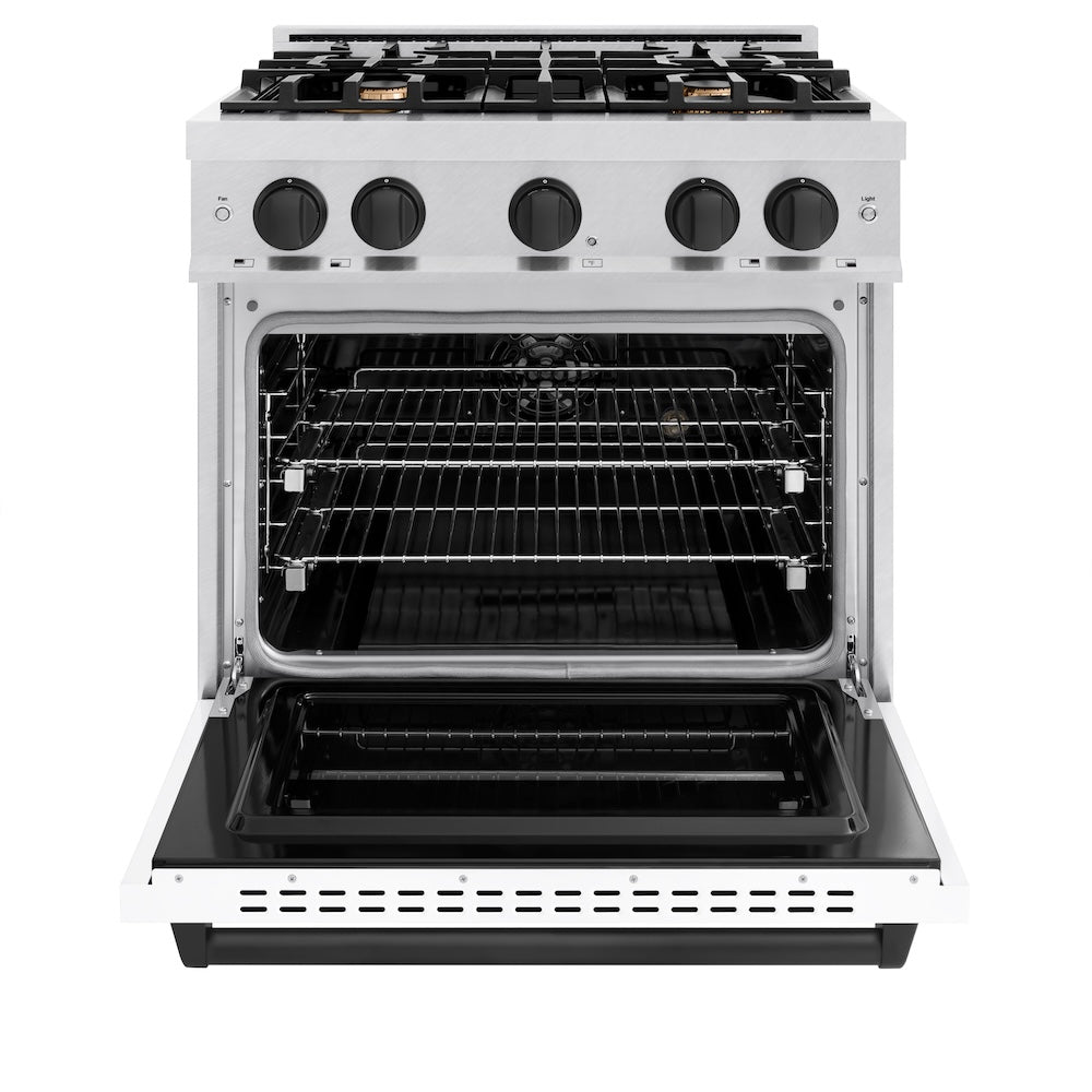 ZLINE Autograph Edition 30 in. 4.2 cu. ft. Classic Dual Fuel Range with 4 Burner Gas Cooktop and Electric Convection Oven in Satin Stainless Steel with White Matte Door and Matte Black Accents, Open Box-Good Condition