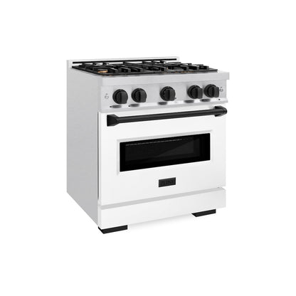 ZLINE Autograph Edition 30 in. 4.2 cu. ft. Classic Dual Fuel Range with 4 Burner Gas Cooktop and Electric Convection Oven in Satin Stainless Steel with White Matte Door and Matte Black Accents (CDRSZ-WM-30-MB)