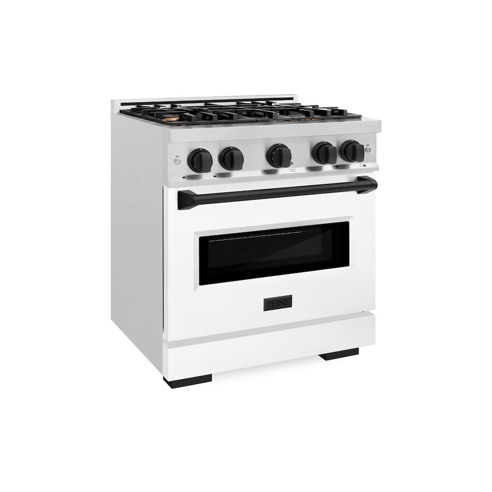 ZLINE Autograph Edition 30 in. 4.2 cu. ft. Classic Dual Fuel Range with 4 Burner Gas Cooktop and Electric Convection Oven in Satin Stainless Steel with White Matte Door and Matte Black Accents, Open Box-Good Condition