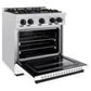 ZLINE Autograph Edition 30 in. 4.2 cu. ft. Classic Dual Fuel Range with 4 Burner Gas Cooktop and Electric Convection Oven in Satin Stainless Steel with White Matte Door and Matte Black Accents (CDRSZ-WM-30-MB) side, open.