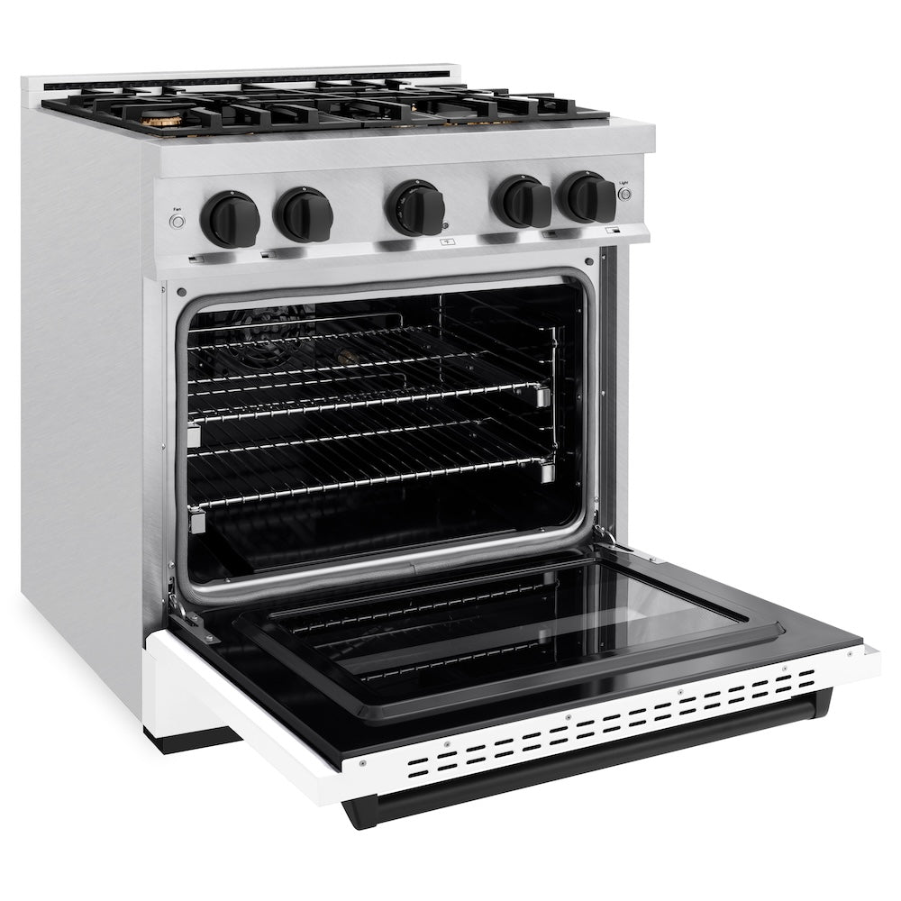 ZLINE Autograph Edition 30 in. 4.2 cu. ft. Classic Dual Fuel Range with 4 Burner Gas Cooktop and Electric Convection Oven in Satin Stainless Steel with White Matte Door and Matte Black Accents (CDRSZ-WM-30-MB) side, open.