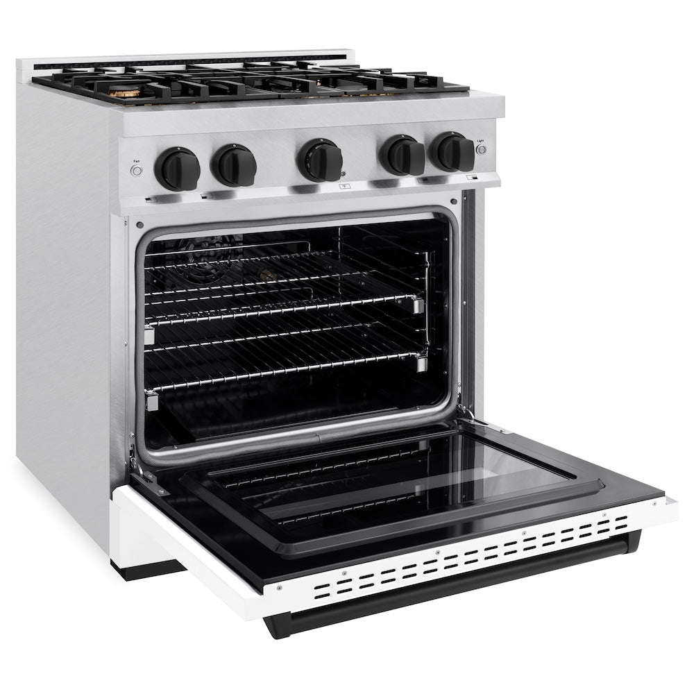 ZLINE Autograph Edition 30 in. 4.2 cu. ft. Classic Dual Fuel Range with 4 Burner Gas Cooktop and Electric Convection Oven in Satin Stainless Steel with White Matte Door and Matte Black Accents, Open Box-Good Condition