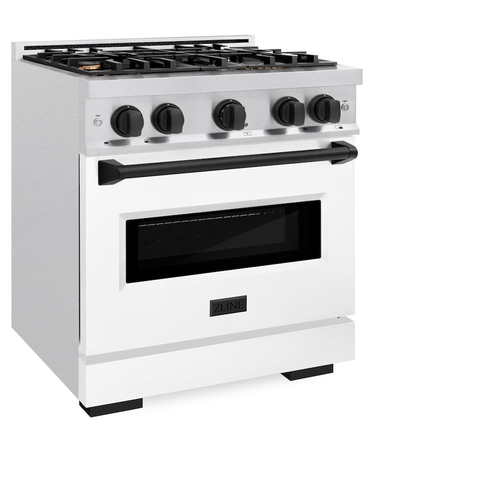 ZLINE Autograph Edition 30 in. 4.2 cu. ft. Classic Dual Fuel Range with 4 Burner Gas Cooktop and Electric Convection Oven in Satin Stainless Steel with White Matte Door and Matte Black Accents, Open Box-Good Condition
